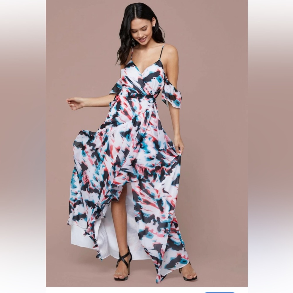 Bebe Dress Ruffle Chiffon Maxi Wrap Tie Waist Flutter Sleeve Multicolor Sz 8 NWT